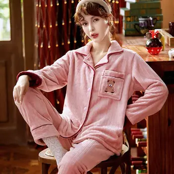 Jeseň a v Zime Teplý Sleepwear Ženy Pajama Nastaviť Hrubé Flanelové Dlhý Rukáv Odev Žien Oblečenie Plavky kórejský Výšivky