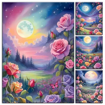 RUOPOTY jednoduché maľovanie podľa čísel Full moon ruže, kvety Kresba na plátne umelecké Diela Domova