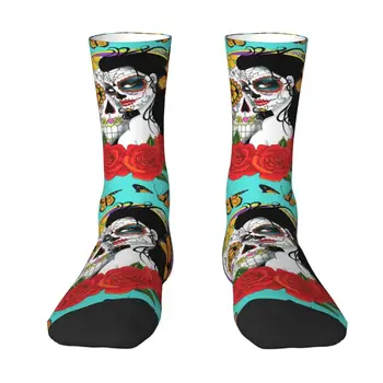 Vtipné Vytlačené Mexickej Cukru Lebky Kvetinový Dievča Ponožky pre Ženy, Mužov Úsek Leto Jeseň Zima Calavera Catrina Posádky Ponožky