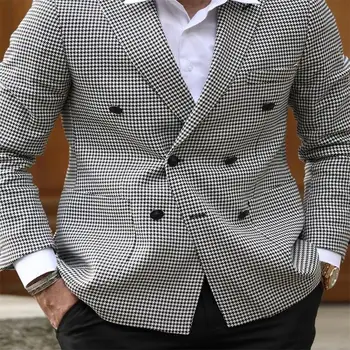 2021 Najnovšie Houndstooth Páni Vyhovuje Bavlnená Zmes Dvojité Breasted Drážkou Klope Muži Obleky šité Formálne Kabát 1 pc