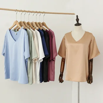 2022 Satin Lete Ženy T-Shirt Sexy Tvaru Krátky Rukáv Základné Streetwear Harajuku Nadrozmerné Tees Top Ženské Oblečenie