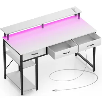 Počítačový Stôl s elektrickými Zásuvkami & LED Svetlo, 55 palcový Home Office písací Stôl so Zásuvkami a Úložné Poličky.