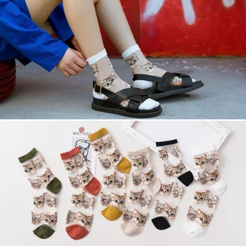 Transparentné Cute Cat Ponožky Ženy Kórejský Módne Dámske Letné Tenké Crystal Hodváb Ponožky JapaneseTrendy Kawaii Sklenené Vlákna, Ponožky