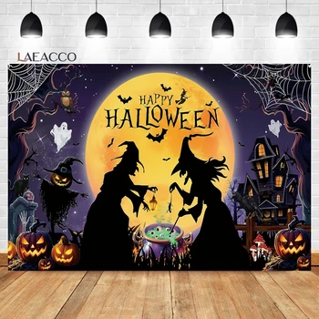 Laeacco Šťastný Halloween Pozadie Strašidelné Noci Hrad Cartoon Mesiac Čarodejnice Pavučina Deti Narodeniny Portrétnej Fotografie V Pozadí