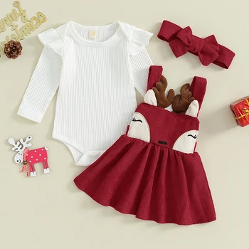 Baby Dievčatá Vianočné Oblečenie S Dlhým Rukávom Romper + Jeleň Podväzkové Sukne + Hlavový Most Nastavené Novonarodené Oblečenie 0-18 Mesiacov