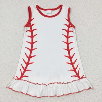 Veľkoobchod Baby Girl Baseball Tlač Šaty Bez Rukávov Tank Dieťa Detí Dieťa Batoľa Letné Biele Šaty