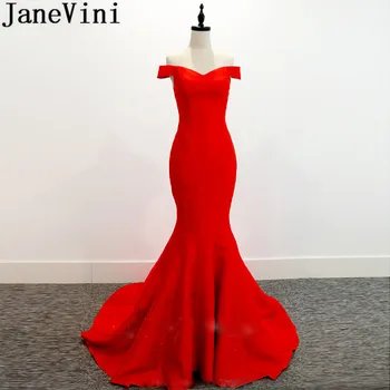 JaneVini Červená Morská Víla Dlhé Svadobné Party Družičky Šaty Vestido Madrinha Plus Veľkosť Off Ramenný Satin Ženy Formálne Prom Šaty