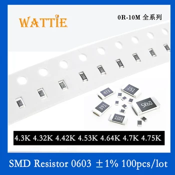 SMD Rezistora, 0603 1% 4.3 K 4.32 K 4.42 K 4.53 K 4.64 K 4.7 K 4.75 K 100KS/veľa čip odpory 1/10W 1,6 mm*0.8 mm