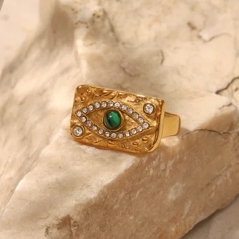 Pozlátené Zirkón Zelená Námestí Prstene Pre Ženy, Luxusné Zlým Okom Krúžok Retro Nehrdzavejúcej Ocele Estetické Doplnky, Módne Šperky