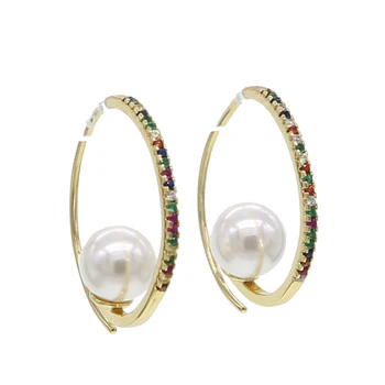 letné módne Trendy ženy náušnice šperky vnútri kolo čerstvé pearl loptu perličiek farebnú dúhu cz Hoop náušnice