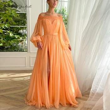 Arietta Orange Ramena Šifón Šaty Ples Dlho Lístkového Rukávy Vysokej Štrbinou A-Line Party Šaty Formálne Večerné Šaty