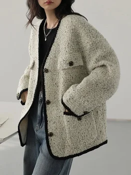 Harajuku Y2K Tweed Bunda Ženy Vintage Preppy Štýl Voľné Kabát kórejský Jeseň Zima Lady Dlhý Rukáv V Krku Dizajn Žena Outwear