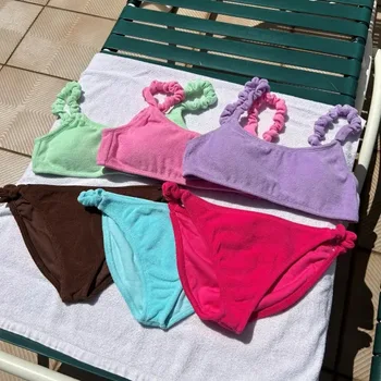 Y2K Štýl Plyšové Textílie Bikini Set Sexy Skladaný Elastické Kapely Ženy, Plavky, Plavky 2023 Nové Svetlé Farby plavky Leto