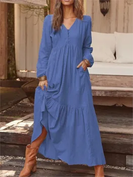Jeseň Zima Bavlnená posteľná Bielizeň Dlhé Šaty Pre Ženy Móda Vintage tvaru Farbou A-line Šaty Elegantné Maxi Volánikmi Vestidos