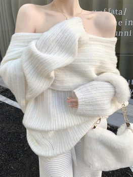2022 Zimné Sexy Pletený Sveter Ženy Biele Dlhý Rukáv Voľné Teplé Topy Žena Kórejský Módne Elegantný Pulóver Y2k Elegantné Oblečenie