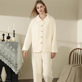 Jednofarebné Bábika Golier Ženy Pyžamo Nastaviť Cloud Fleece Dlhým Rukávom Jednoduché Teplo Domova Nightgown 2023 Zimné Bežné Lady Sleepwear