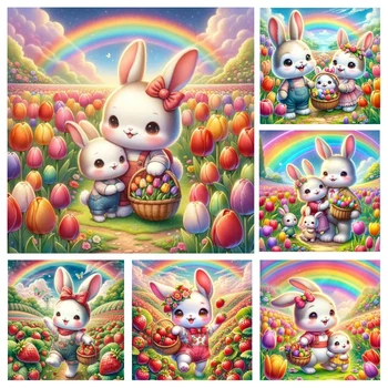 DIY Diamond Maľovanie Nové 2024 Roztomilý Rainbow Rabbit Cross Stitch Tulipán Jahoda Diamond Výšivky Plný Kamienkami A881