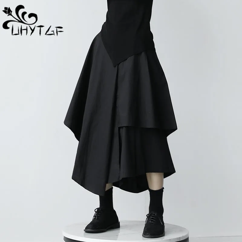 Gotický Nepravidelný Sukne Ženy Harajuku Vintage Punk Vysoký Pás Midi Sukne Japonský Čierny Skladaný Bežné Linky Sukne Ženy 2808